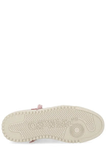 Off-White women’s low top court blue sneaker with cream rubber sole and subtle pink heel strap accents from back side