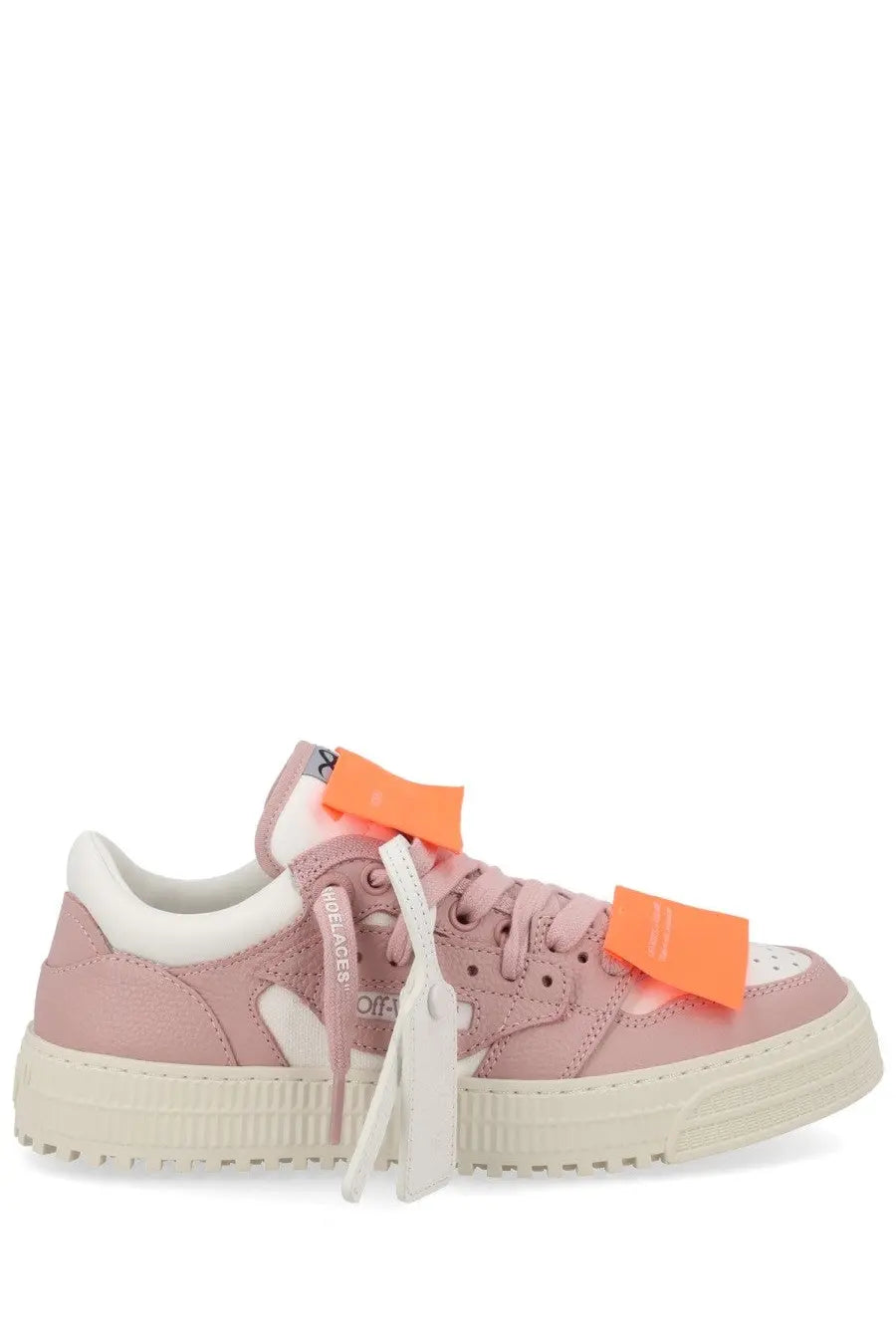 Off-white women’s low top court blue sneaker in pink suede and white leather with orange tape accents