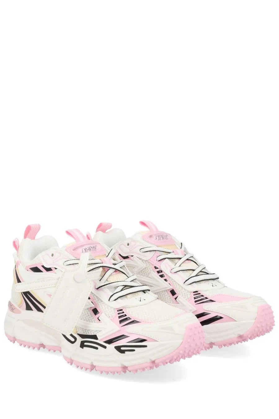 Off-white women’s sneaker be right back white with white and pink mesh upper and black geometric accents with rubber sole