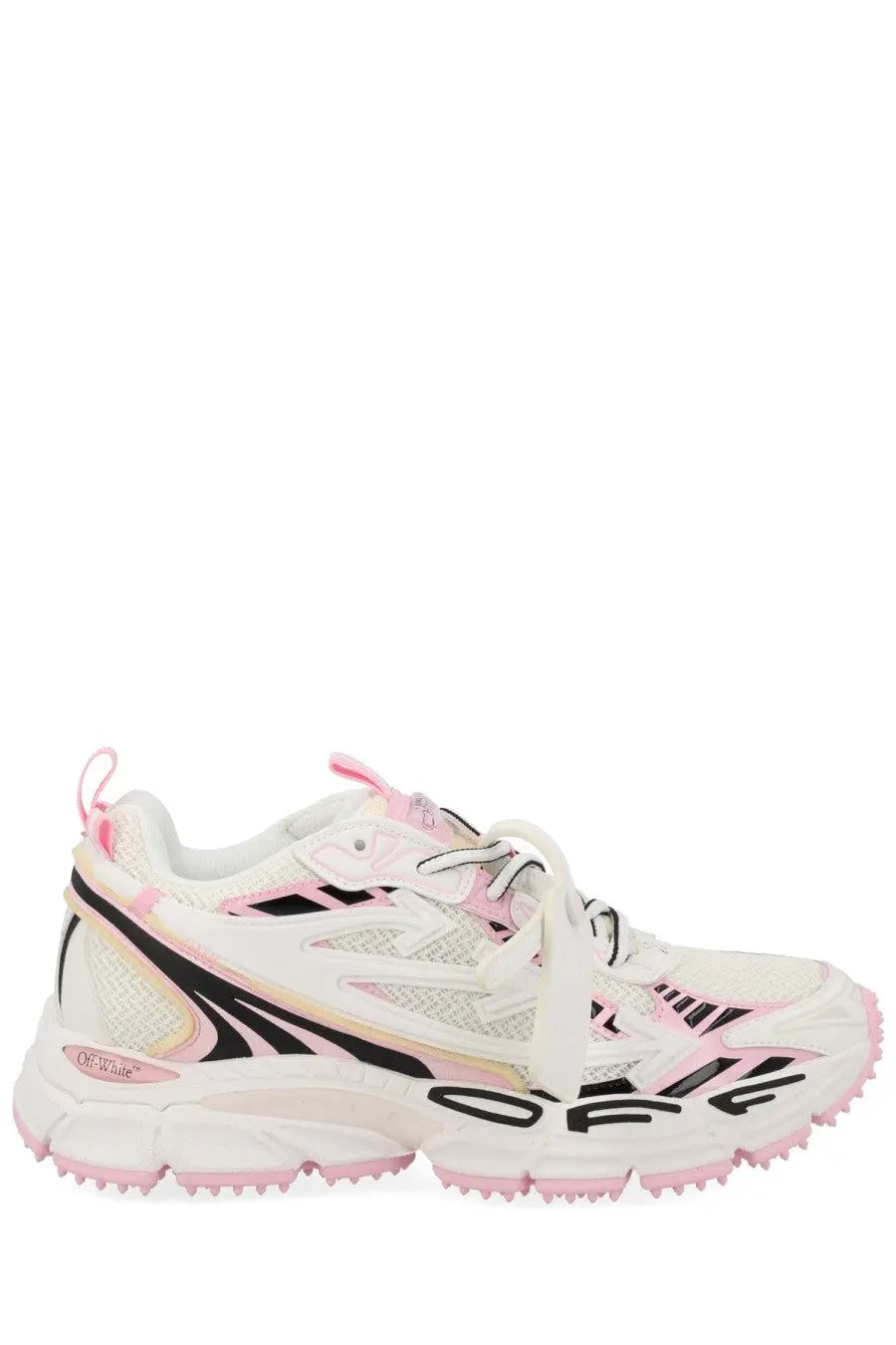 Off-white women’s sneaker be right back white with white and pink off-white mesh upper black accents and chunky sole