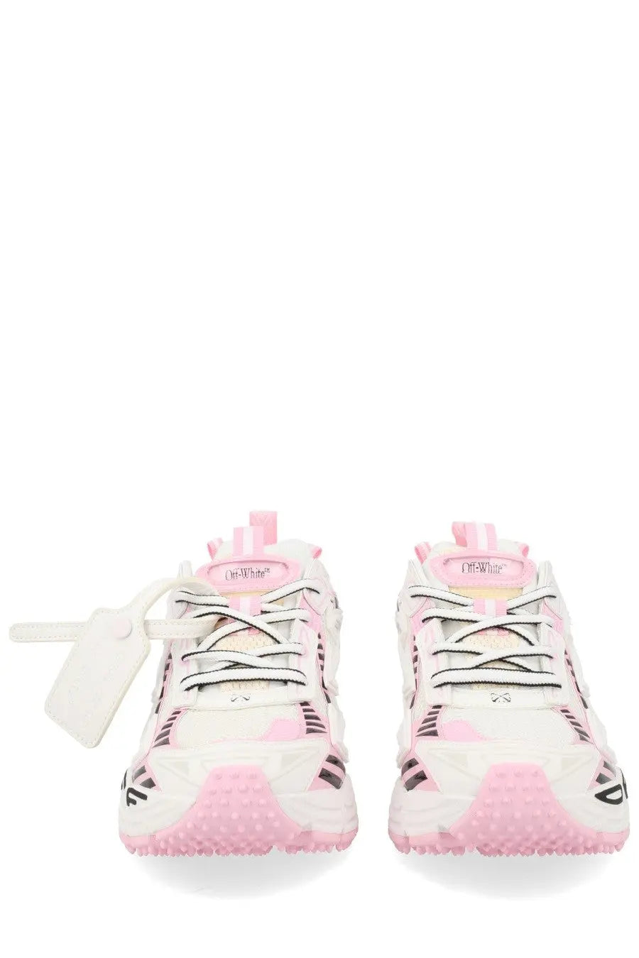 Off-white women’s sneaker be right back white with pink accents black laces textured rubber soles and distinctive tag