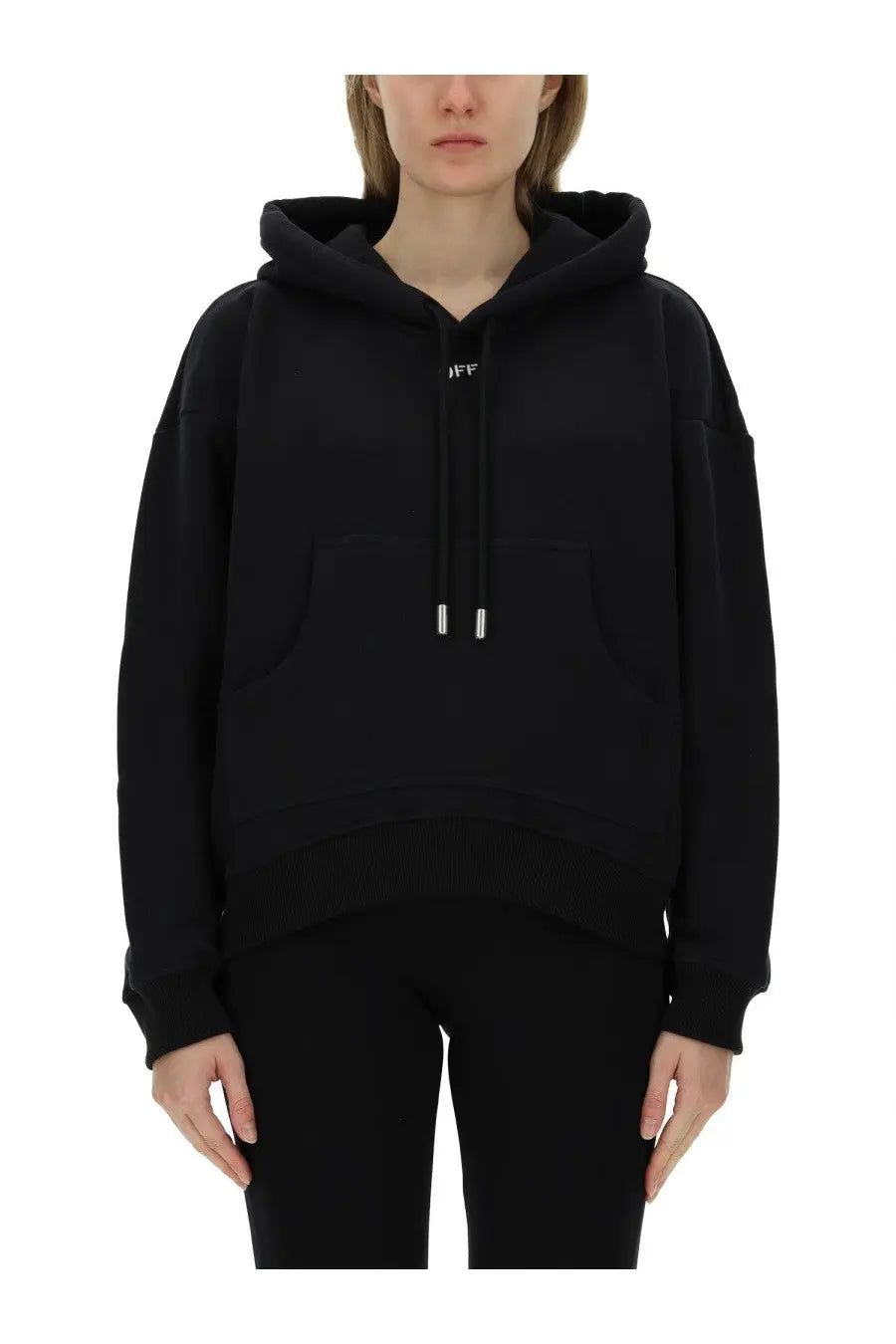 Off white womens black hoodie with cropped silhouette ribbed cuffs front kangaroo pocket and silver drawstring toggles
