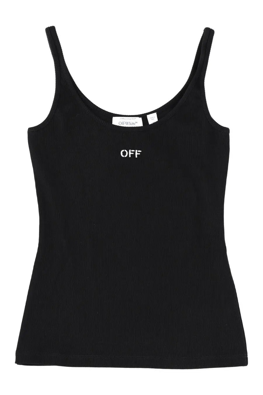 Off-White women’s black ribbed tank top with white off embroidery at the center made from soft cotton blend