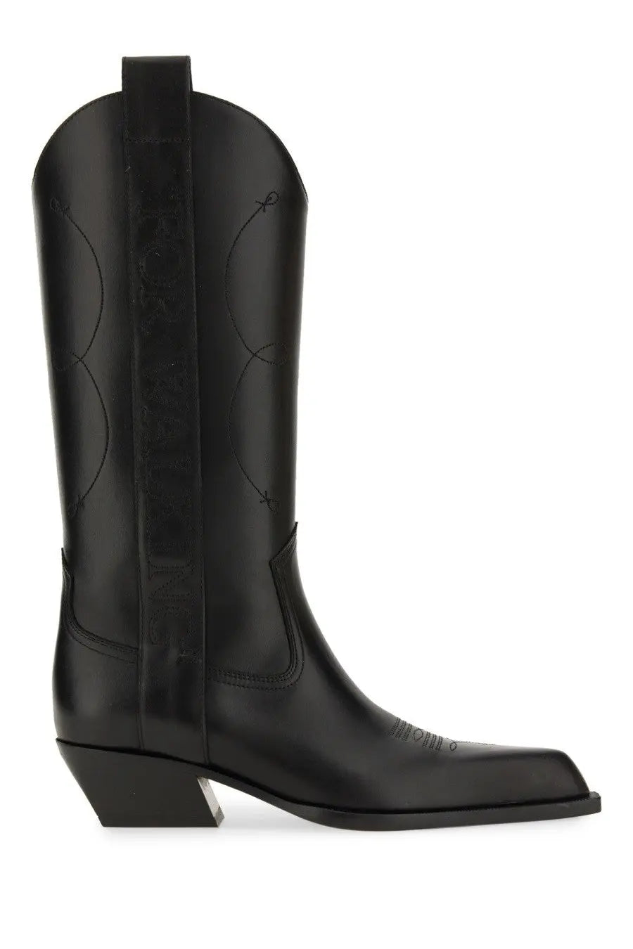 Off-White women’s texan boot in black leather with stitched decorative patterns and a low block heel for walking