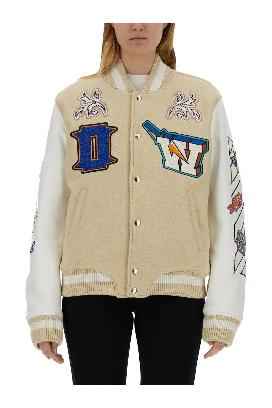 Off-White women’s beige varsity jacket with colorful embroidered patches blue d stylized w silver buttons and ribbed cuffs