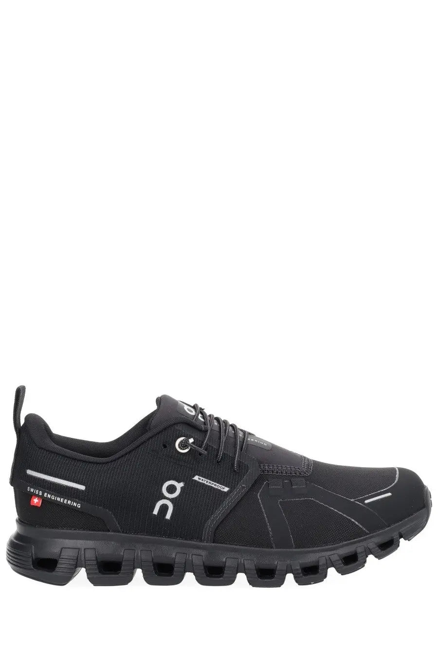 On women’s cloud sneaker black running shoe with sleek minimalist design and subtle white branding accents