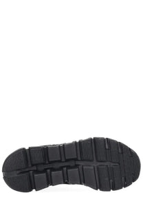 Black rubber sole with textured blocky tread pattern on the back of on women’s cloud sneaker black
