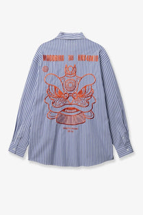 Back side of woodbird mens brooks lion cotton blend long-sleeved shirt with blue white stripes and orange lion head embroidery