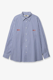 Woodbird men’s brooks lion cotton blend shirt in blue with white stripes and red embroidered chest logos