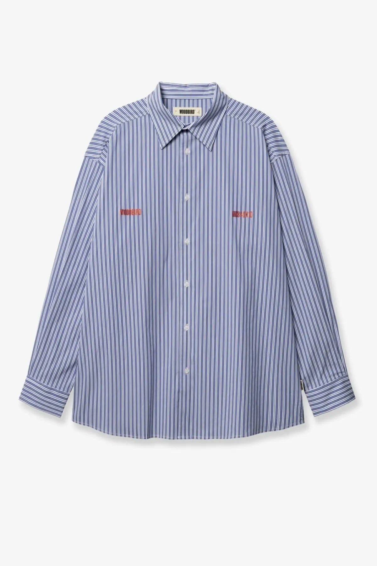 Woodbird men’s brooks lion cotton blend shirt in blue with white vertical stripes and red embroidered chest logos