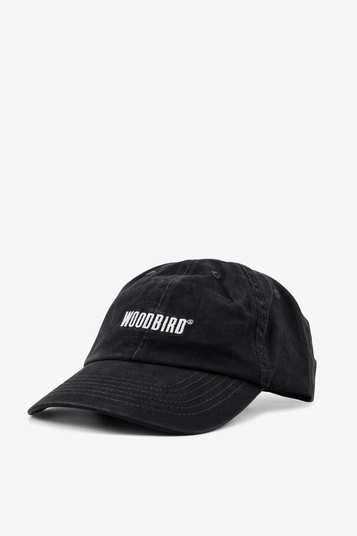 Black woodbird men’s core twill cotton baseball cap with white embroidered logo and adjustable back strap