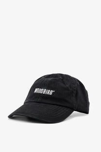 Black woodbird men’s core twill cotton baseball cap with white embroidered logo and adjustable back strap