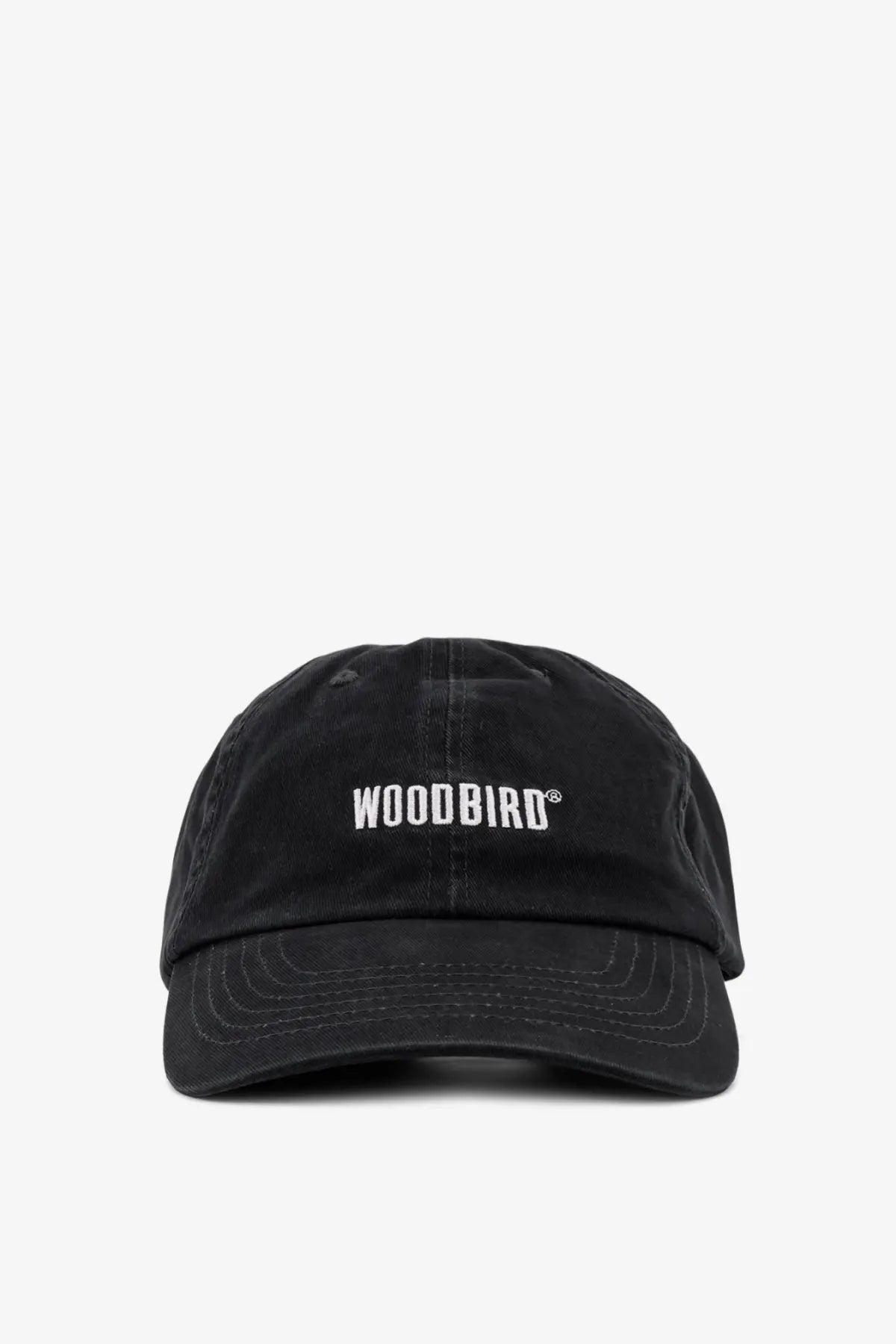 Black woodbird men’s core twill cotton baseball hat with white embroidered logo on the front