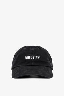 Black woodbird men’s core twill cotton baseball hat with white embroidered logo on the front