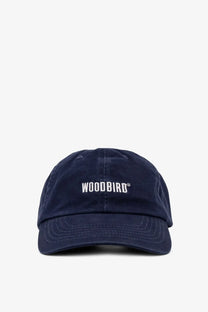 Navy blue cotton baseball hat with white embroidered woodbird logo for men by Woodbird core twill collection