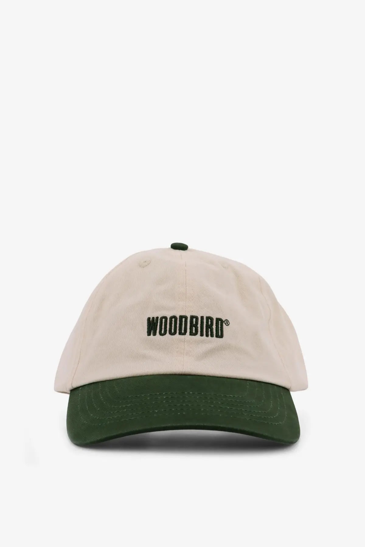Beige and dark green woodbird men’s core twill cotton baseball hat with black embroidered logo for casual wear