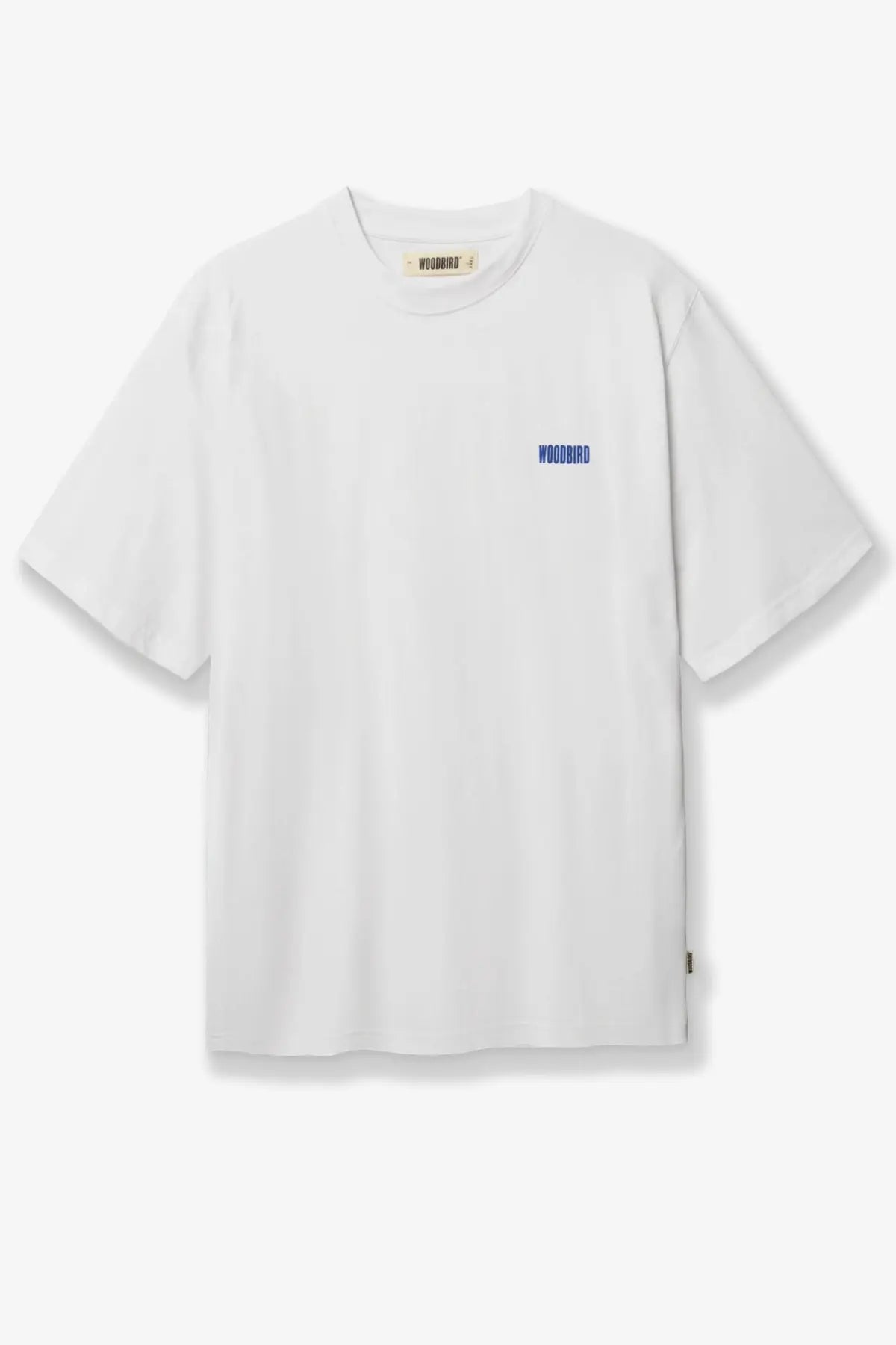 Woodbird men’s white cotton short-sleeved t-shirt with subtle blue woodbird logo embroidered on left chest