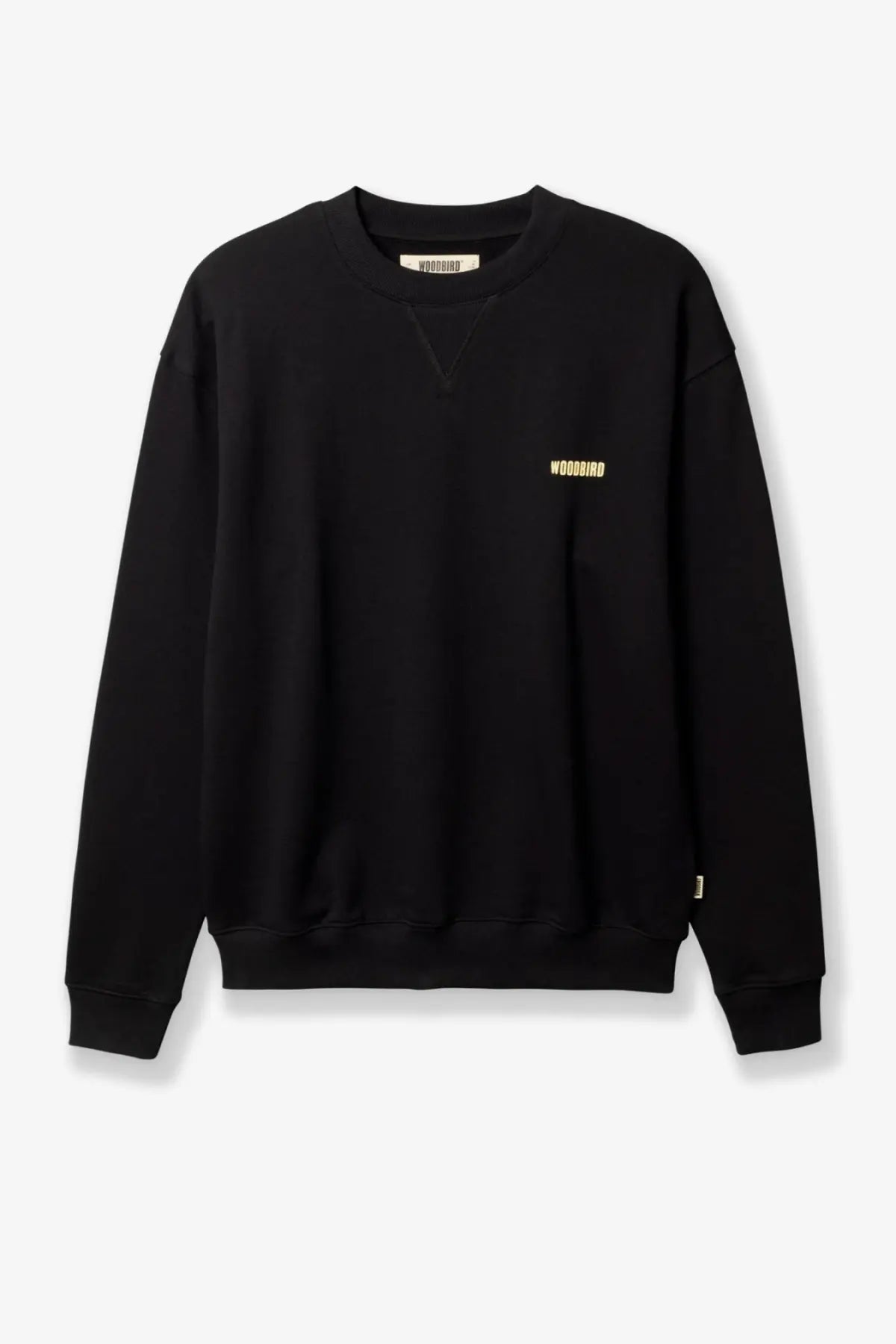 Woodbird men’s black cotton crewneck sweatshirt with subtle gold woodward embroidery and matching neckline tag