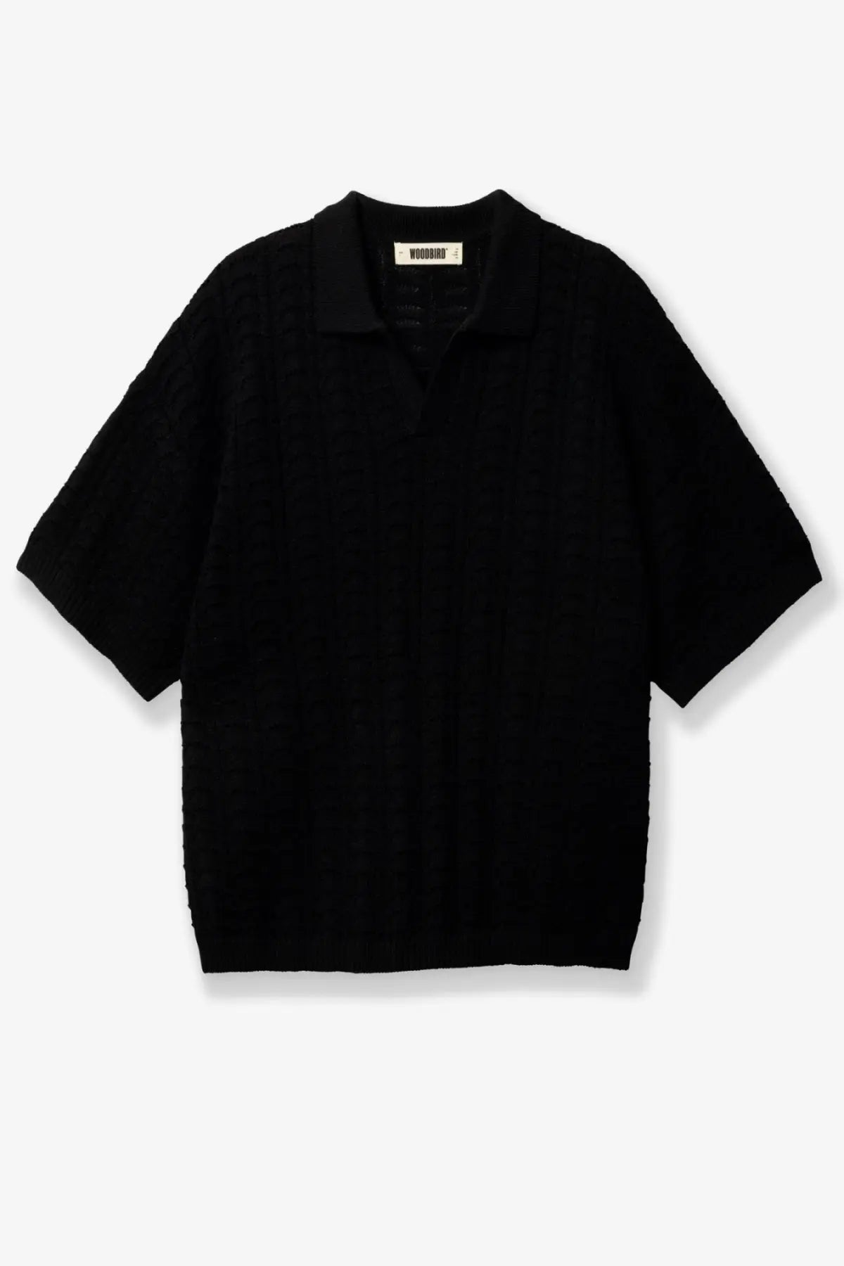 Woodbird men’s cotton sweater black short-sleeved knit polo shirt with textured ribbed fabric and classic collar