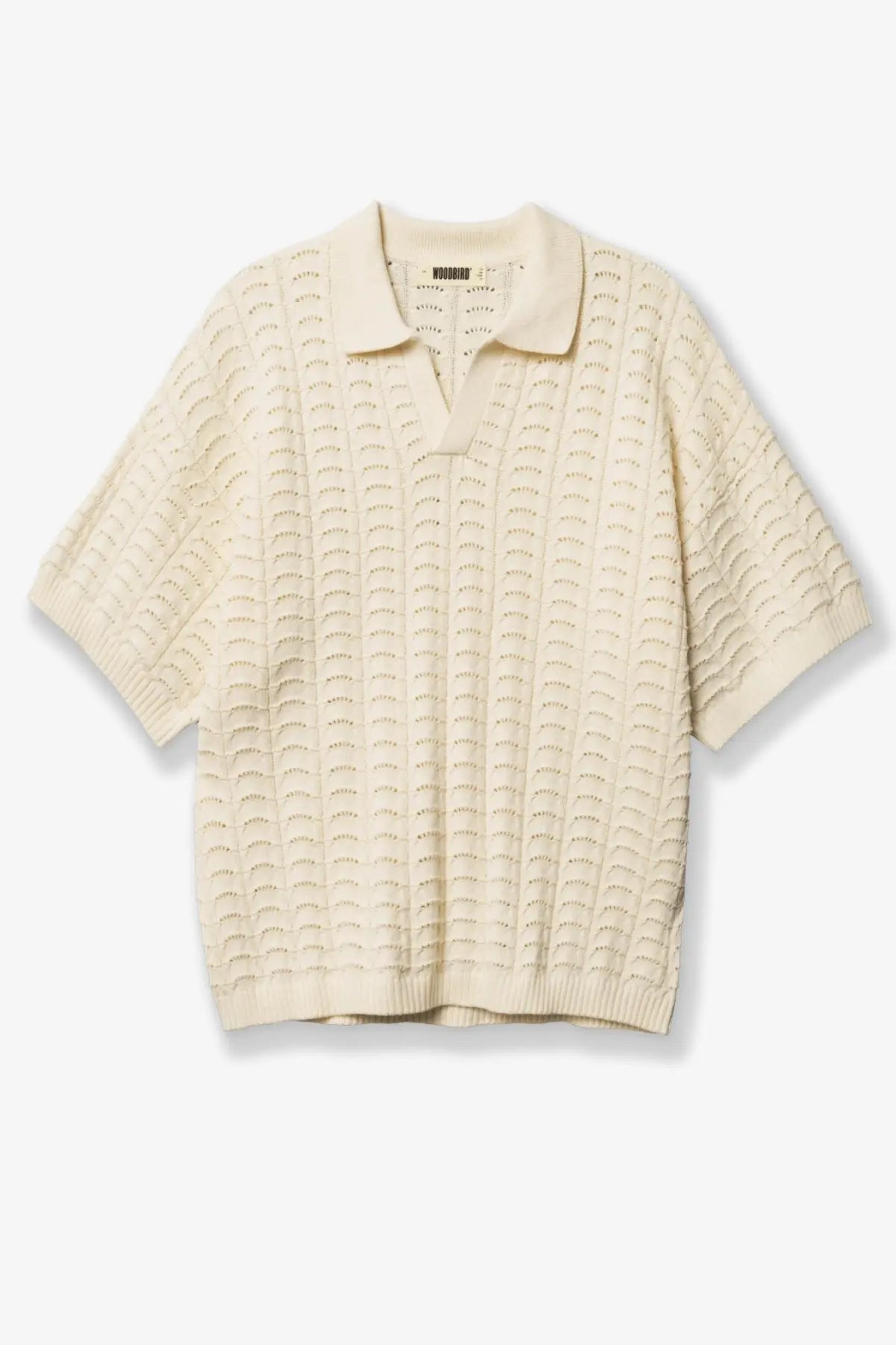 Woodbird men’s cotton sweater white cream knitted polo shirt with textured openwork pattern and short sleeves
