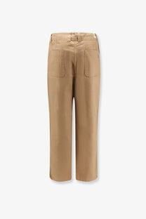 Back view of woodbird men’s beige denim trousers featuring tan wide-leg design with two back pockets and belt loops