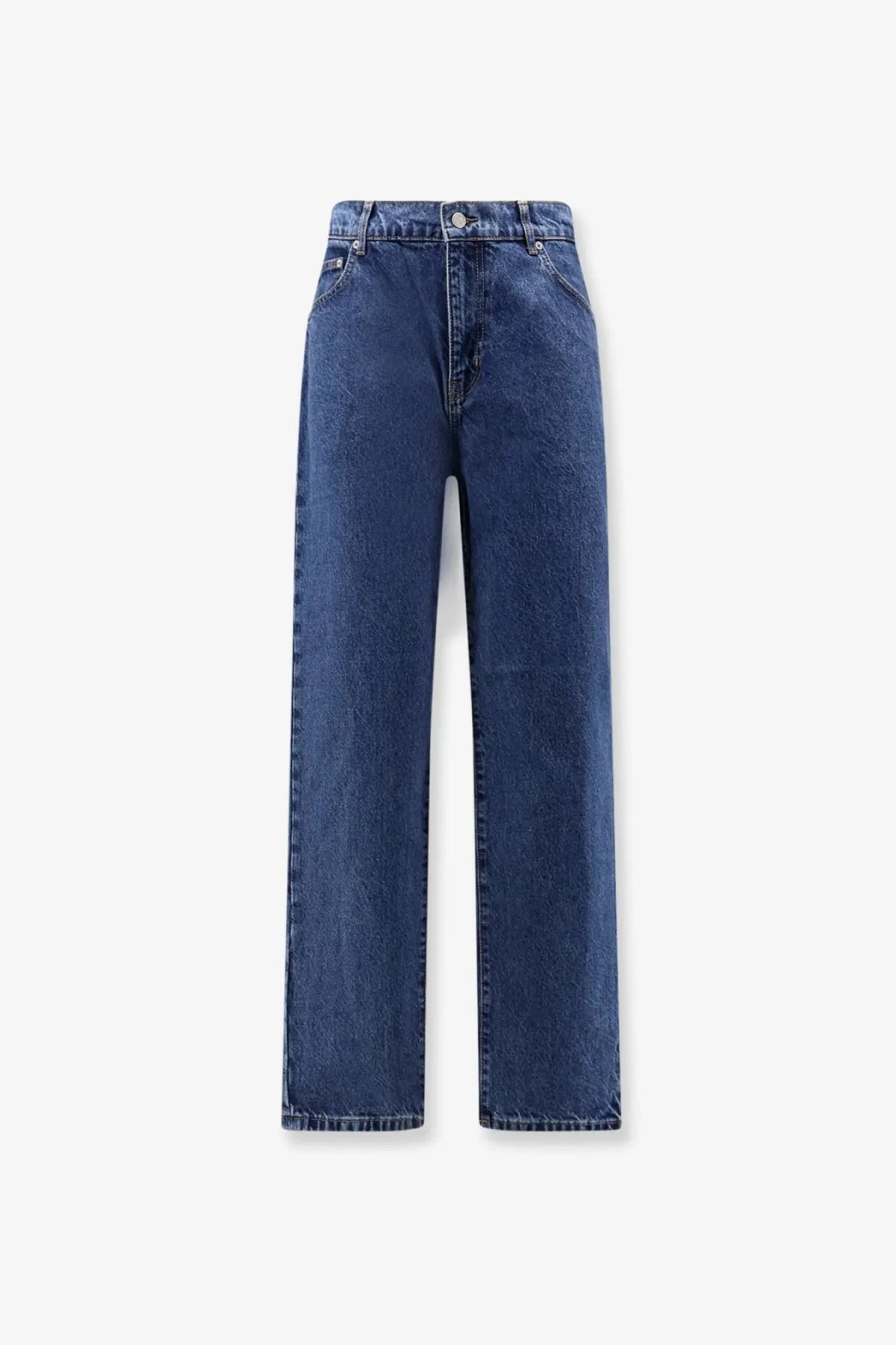 Woodbird men’s leroy blue denim jeans in medium blue high-waisted straight-leg style with classic stitching and button closure