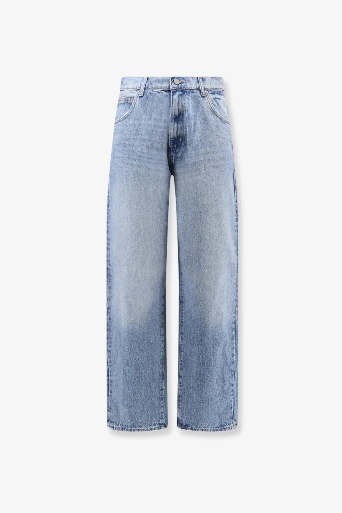 Woodbird men’s leroy denim jeans in light-wash blue featuring wide-leg cut and classic five-pocket design