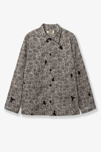Woodbird men’s shirt jacket black gray floral-patterned fabric with black embroidered bird motifs and dark buttons