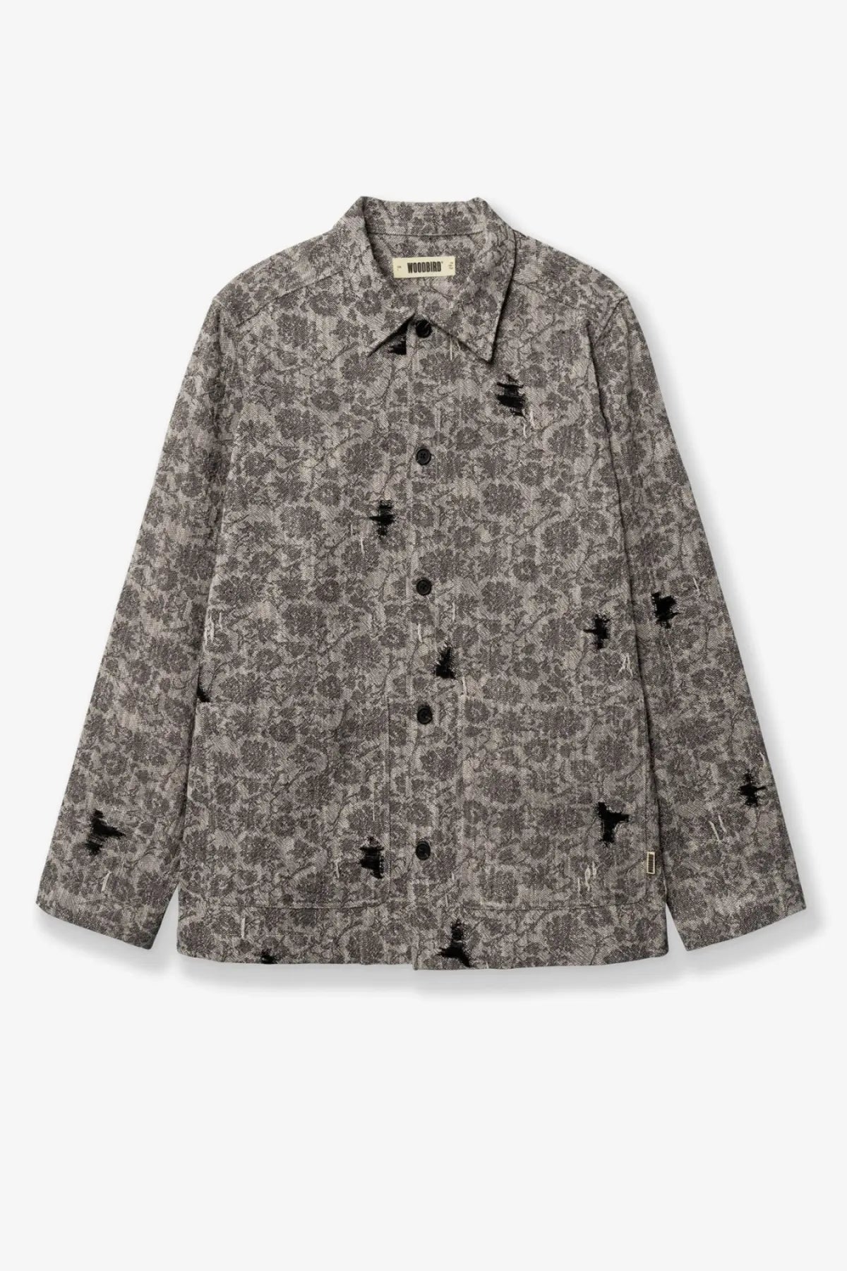 Woodbird men’s shirt jacket black gray floral pattern with black embroidered birds and dark buttons front view