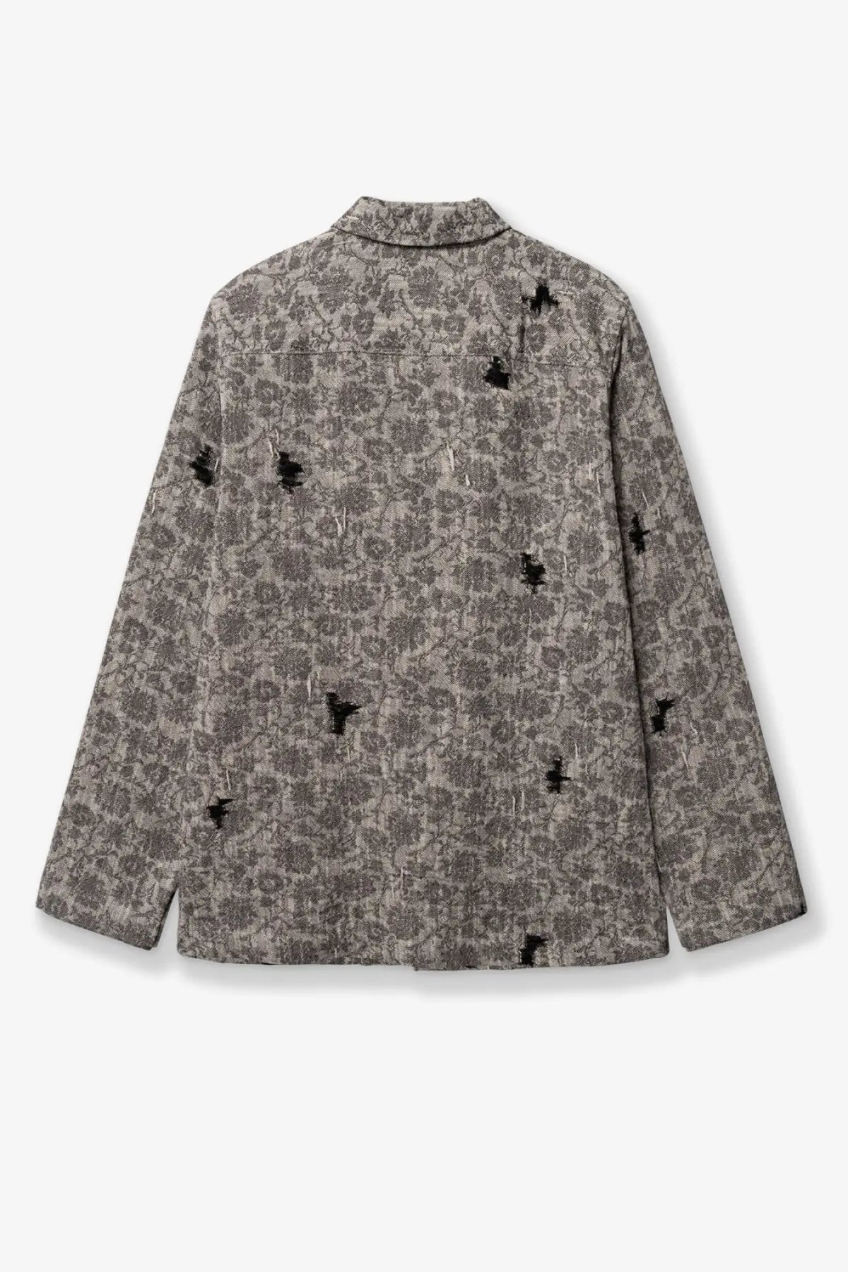 Woodbird men’s shirt jacket black with gray pattern and black embroidered bird motifs on front side