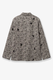 Woodbird men’s shirt jacket in gray patterned fabric with black embroidered bird motifs on the front