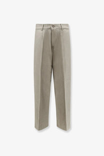 Beige linen Woodbird men’s viscose blend trousers with tailored fit and subtle waist pleats front view