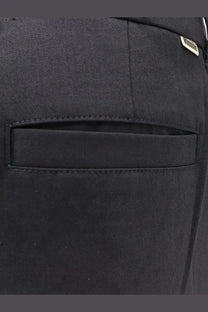 Black denim pocket with subtle woven texture and stitched edges on the back of woodbird men’s viscose blend trousers