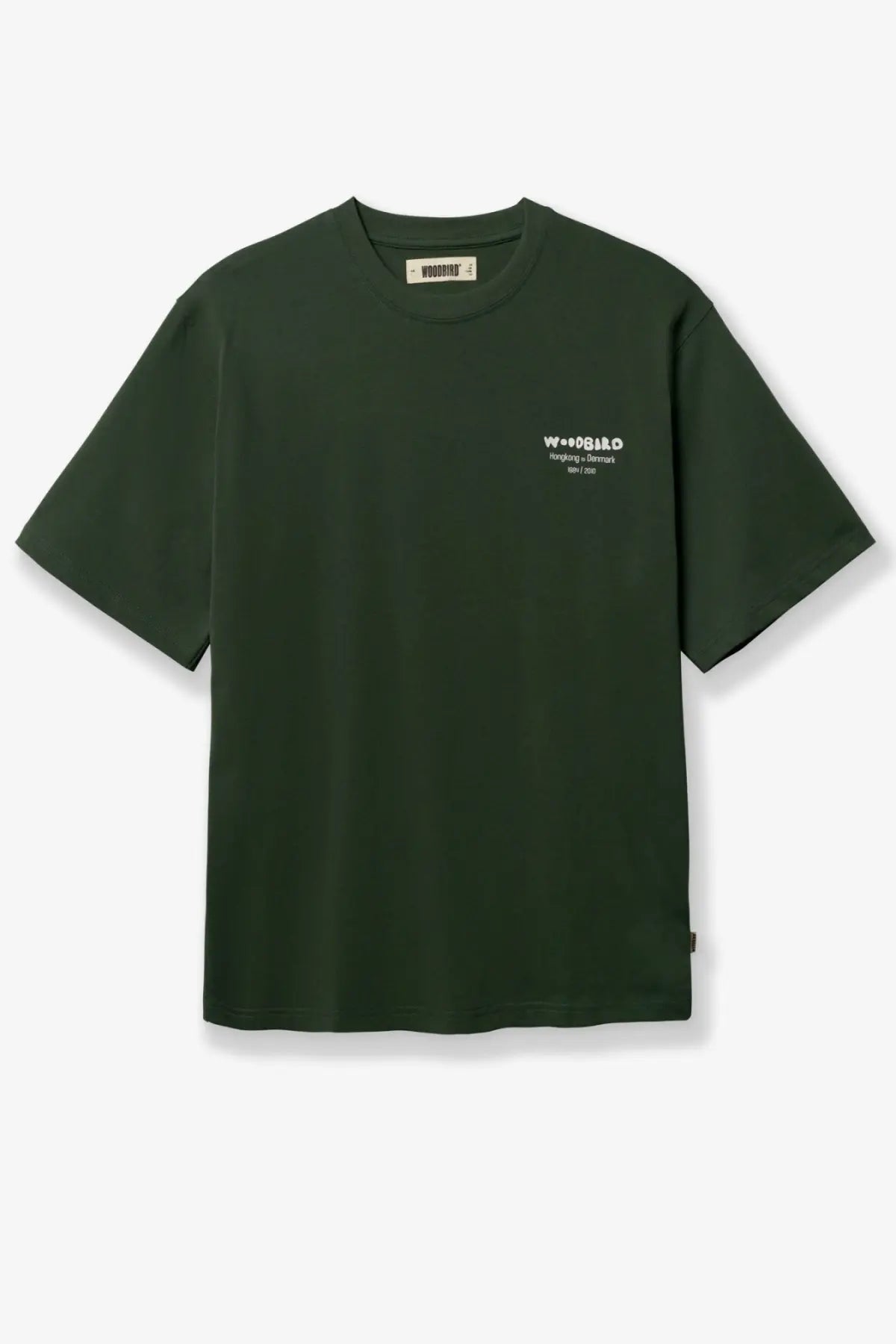 Woodbird men’s wbbaine organic cotton shirt green oversized dark green crew neck with small white chest graphic print