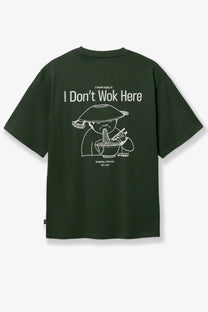 Woodbird mens wbbaine organic cotton oversized dark green t shirt with white line art of person eating noodles and text