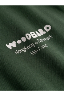 Dark green woodbird men’s wbbaine organic cotton t-shirt with white logo and hongkong to denmark 1984 2010 print