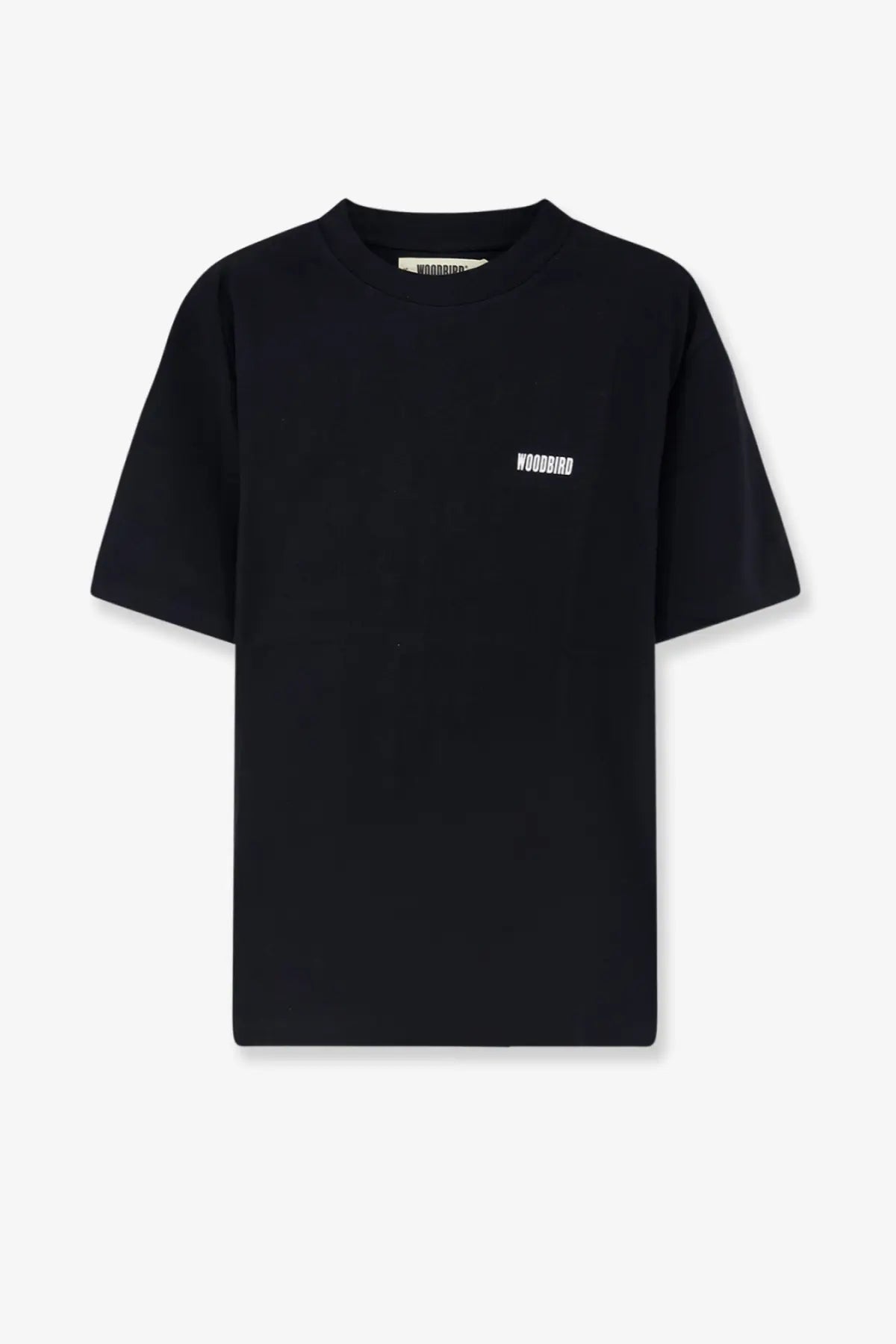 Woodbird men’s wbbaine sea organic cotton black t-shirt with short sleeves and subtle white embroidery on left chest