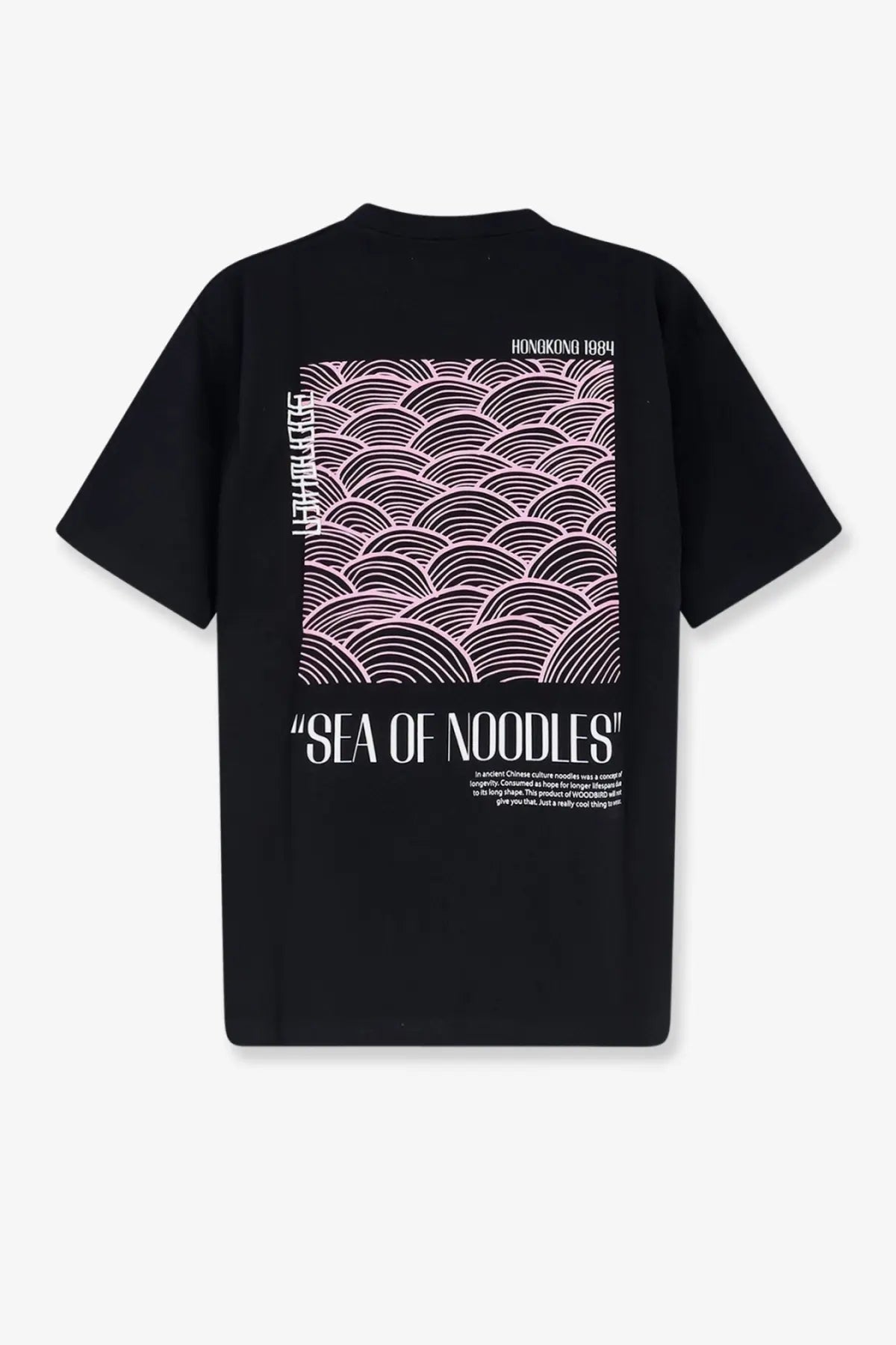 Woodbird men’s wbbaine sea organic cotton black t-shirt with pink wave pattern and white sea of noodles hongkong 1984 text