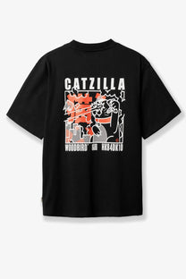 Woodbird men’s black cotton short-sleeved t-shirt with a bold white orange gray catzilla graphic and text on front