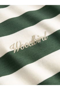 Cream-colored embroidered woodbird logo on green and white striped organic cotton woodbird men’s wbbeam tee