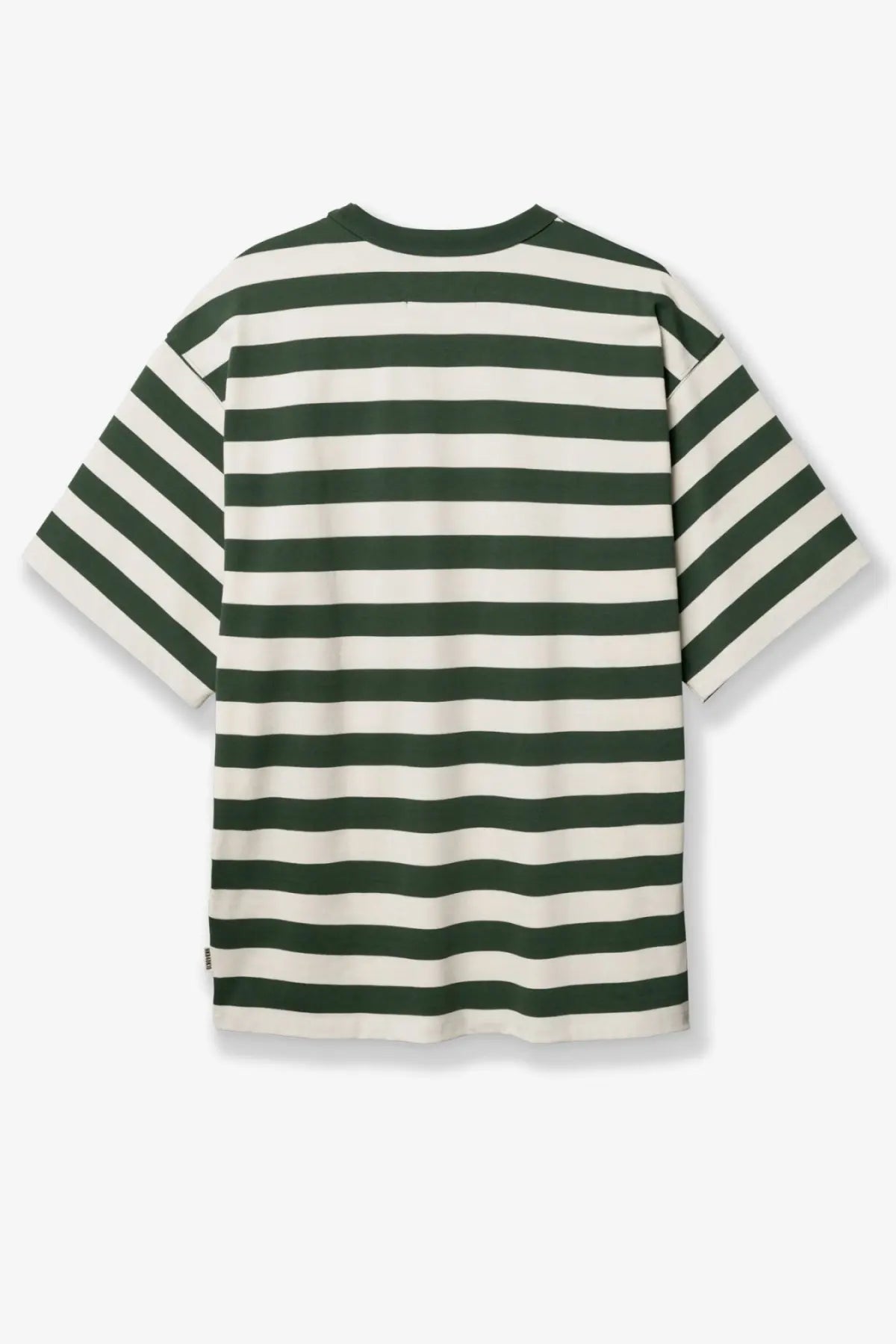 Woodbird men’s Wbbeam stripe tee in dark green and off-white organic cotton with horizontal stripes and relaxed fit