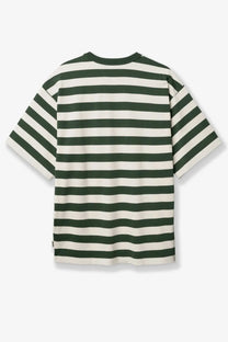 Woodbird men’s Wbbeam stripe tee in dark green and off-white organic cotton with horizontal stripes and relaxed fit