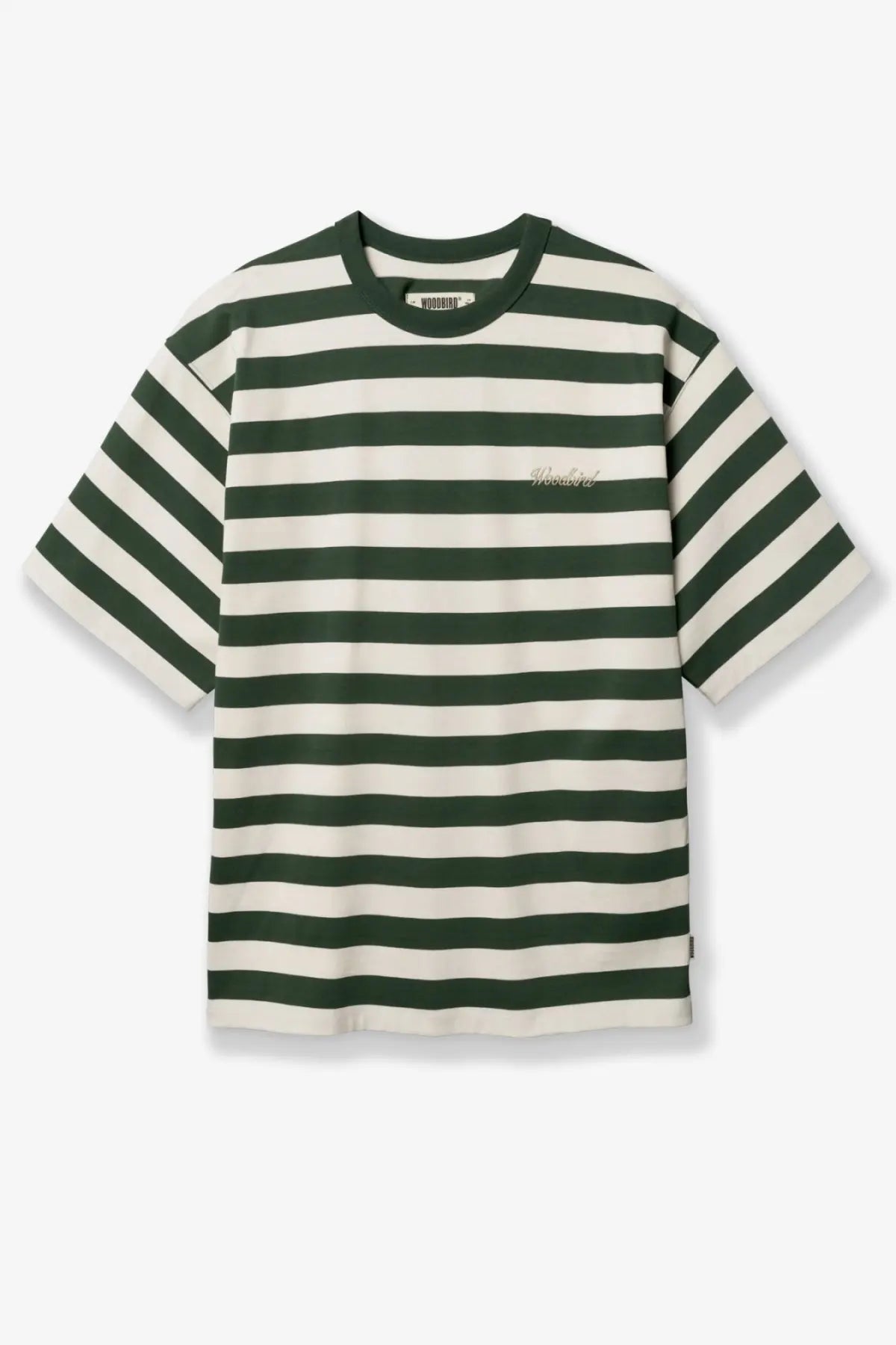 Woodbird men’s wbbeam stripe tee organic cotton shirt in dark green and off-white with embroidered logo on chest