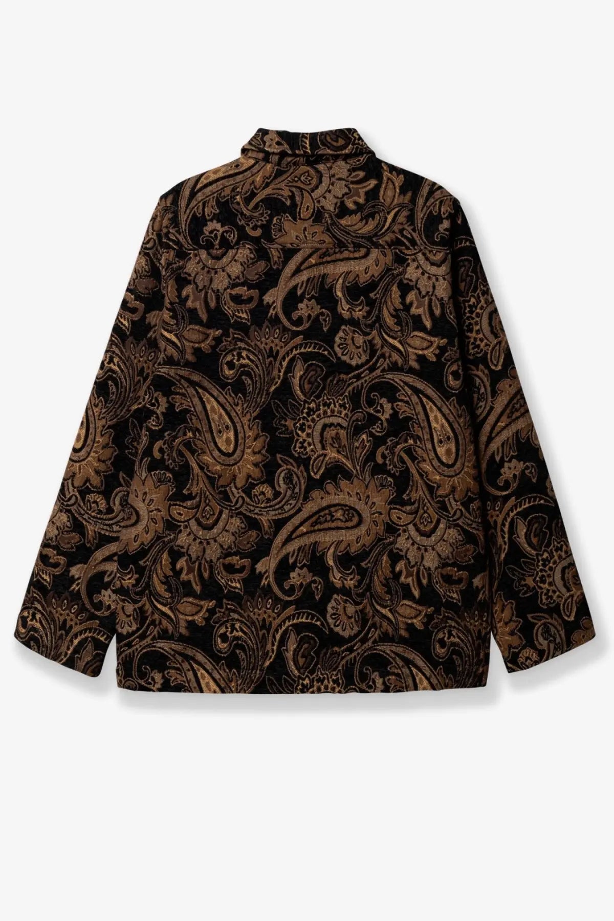 Woodbird men’s wbblade rong jacket in brown leather with black long-sleeved shirt featuring gold paisley pattern