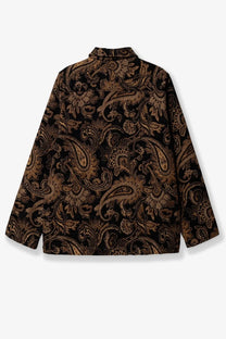 Woodbird men’s wbblade rong jacket in brown leather with black long-sleeved shirt featuring gold paisley pattern