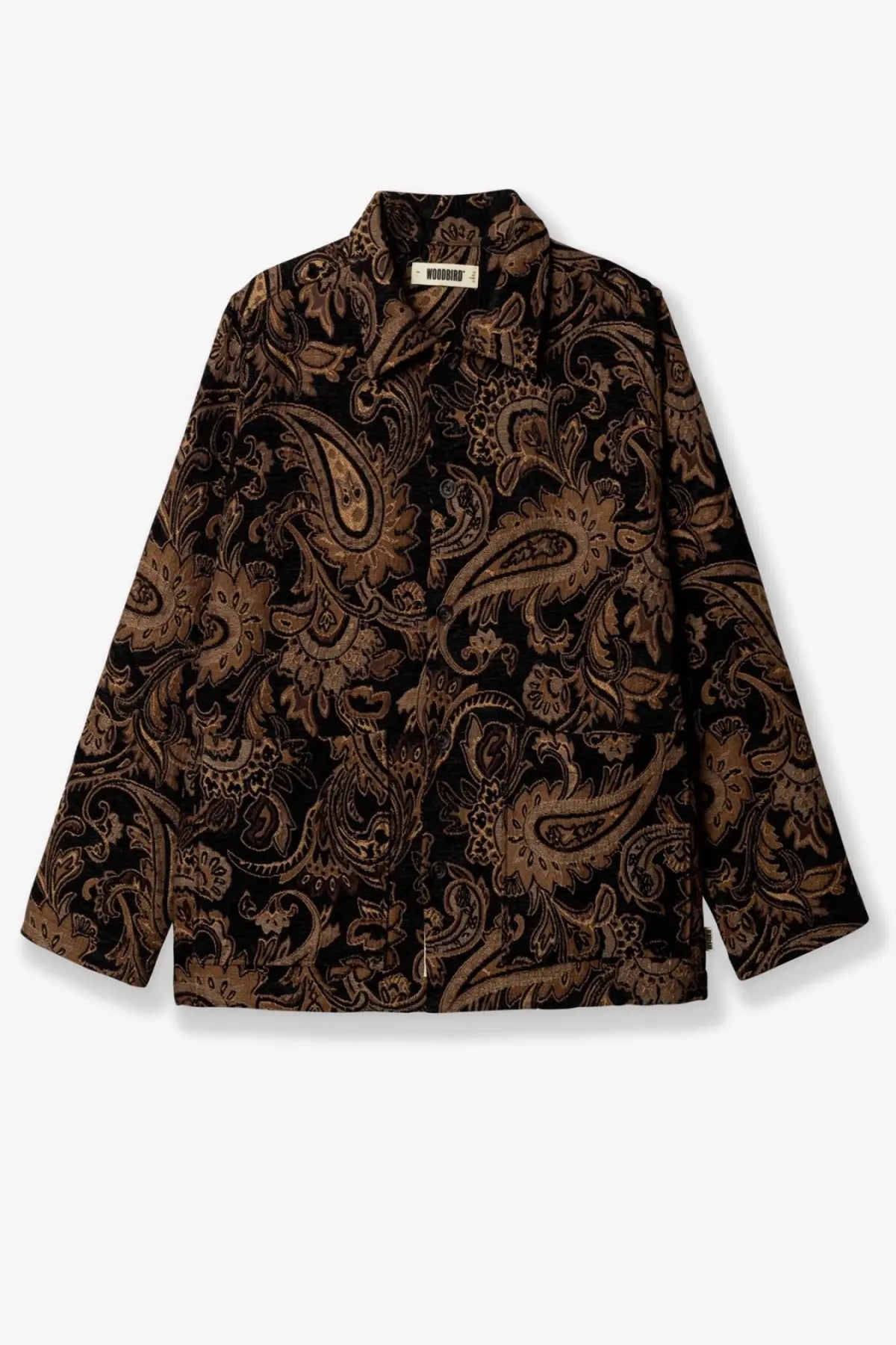 Woodbird men’s wbblade rong jacket in black and brown paisley velvet fabric with textured pattern