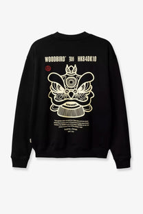 Woodbird men’s wbcane lion black cotton jersey sweatshirt showing bold cream lion dance mask graphic on back