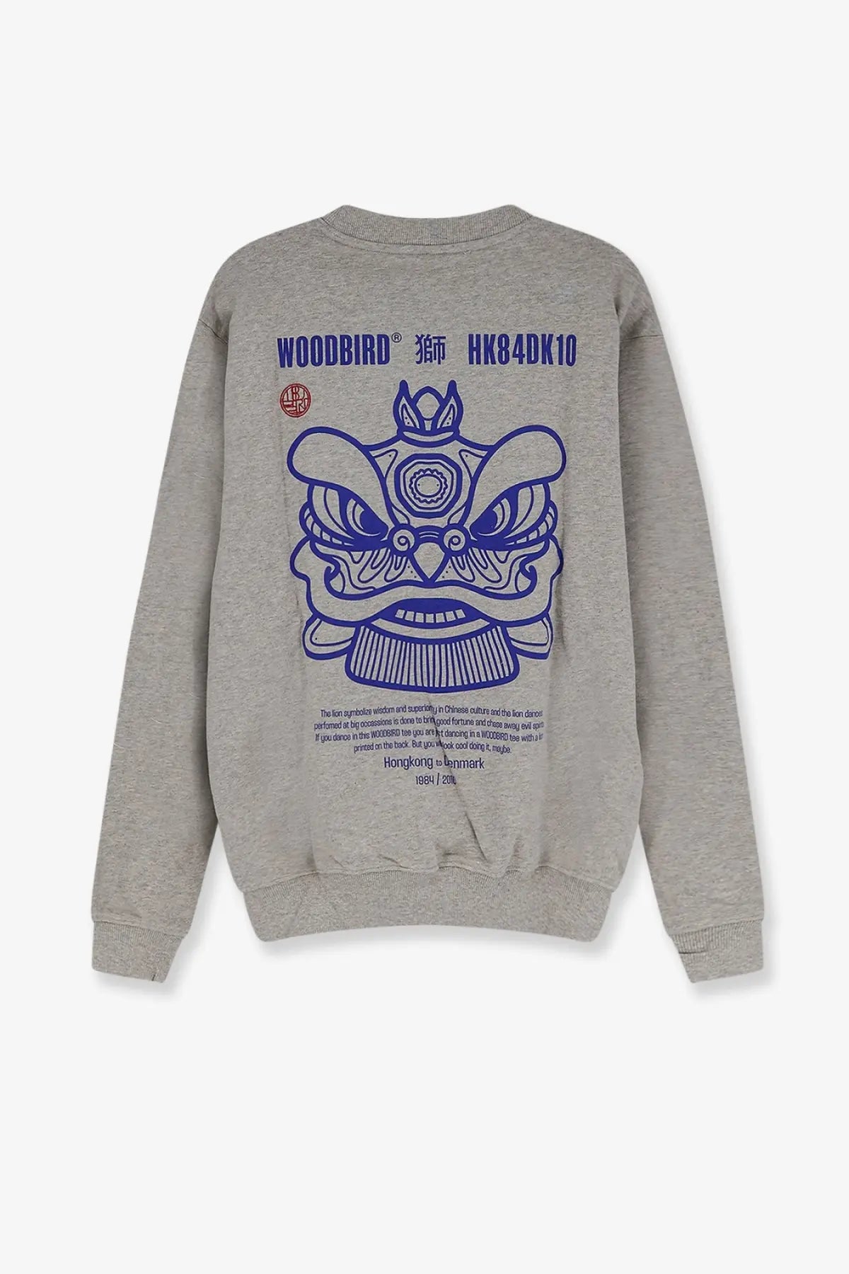 Back view of woodbird men’s wbcane lion grey cotton crewneck sweatshirt with bold blue traditional chinese lion head print