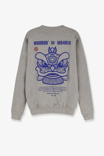 Back view of woodbird men’s wbcane lion grey cotton crewneck sweatshirt with bold blue traditional chinese lion head print