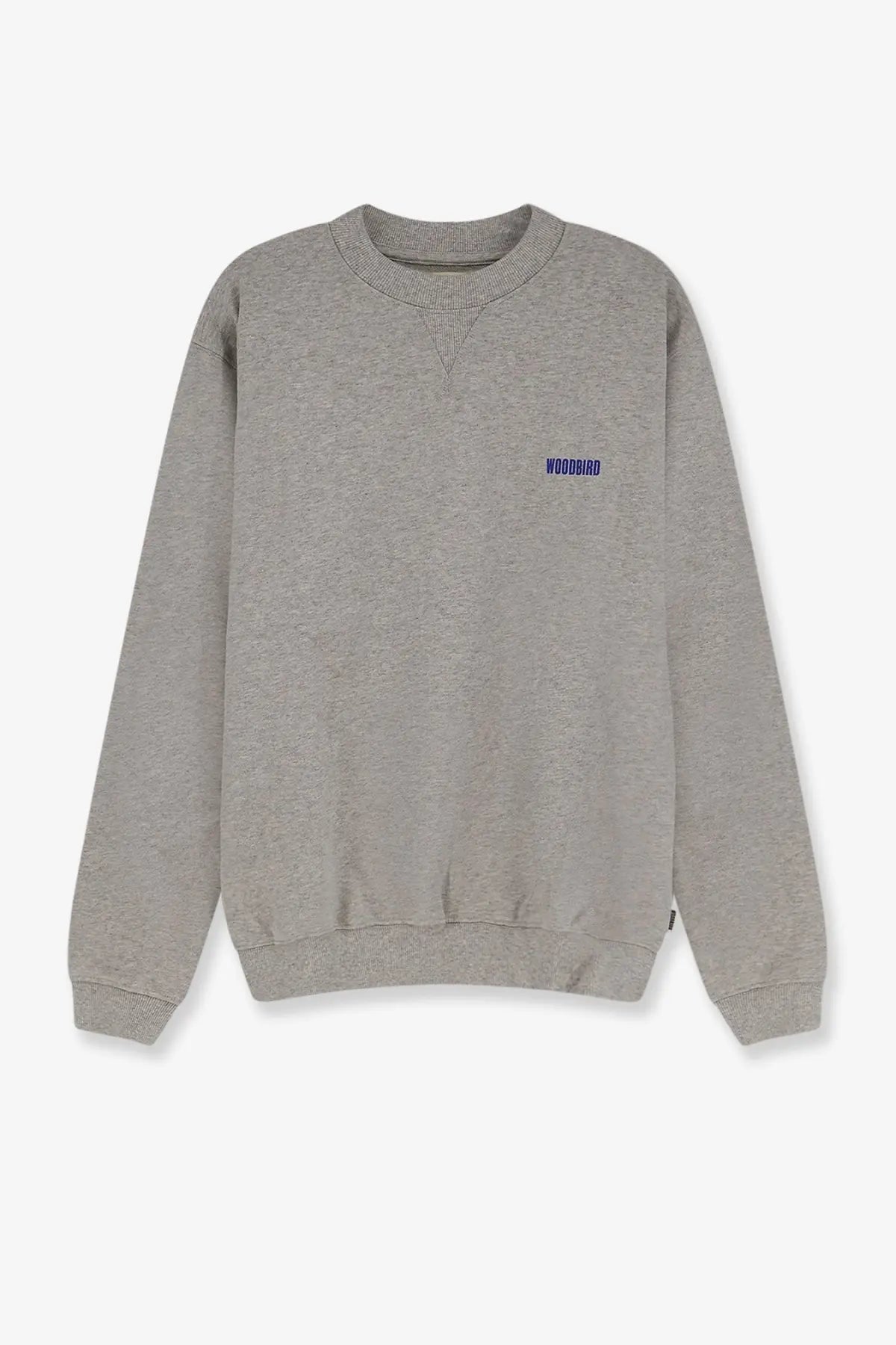 Woodbird men’s wbcane lion cotton shirt in grey with a gray heathered crewneck and blue woodbird logo on left chest
